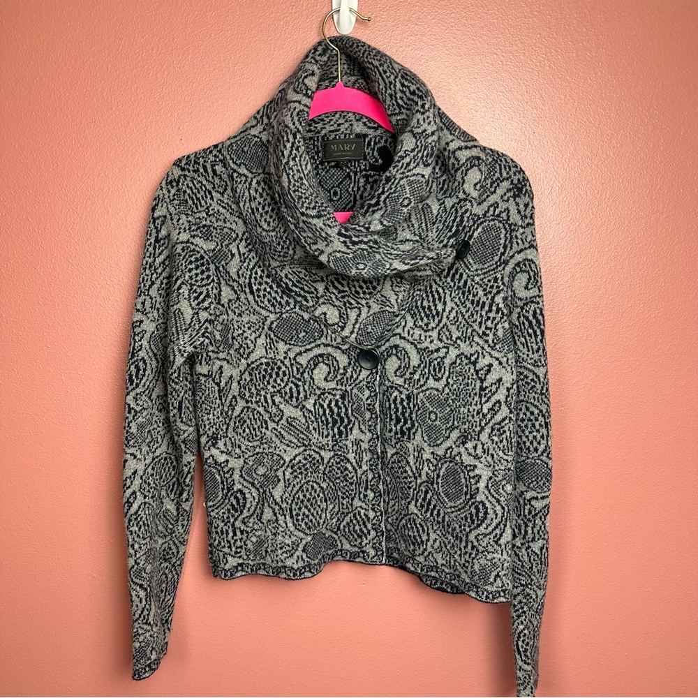 Mary made in Italy wool blend cardigan cowl neck sweater navy & gray medium